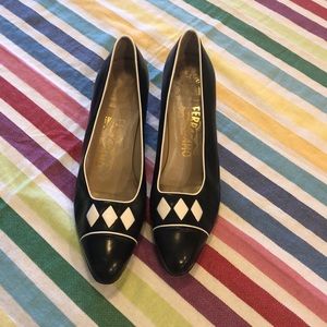 Vintage Navy Ferragamo Heels White Accents